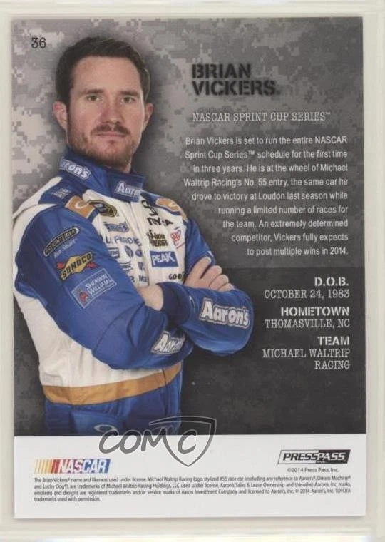 2014 Press Pass American Thunder Color Proof Magenta Brian Vickers #36 - Image 2 of 2