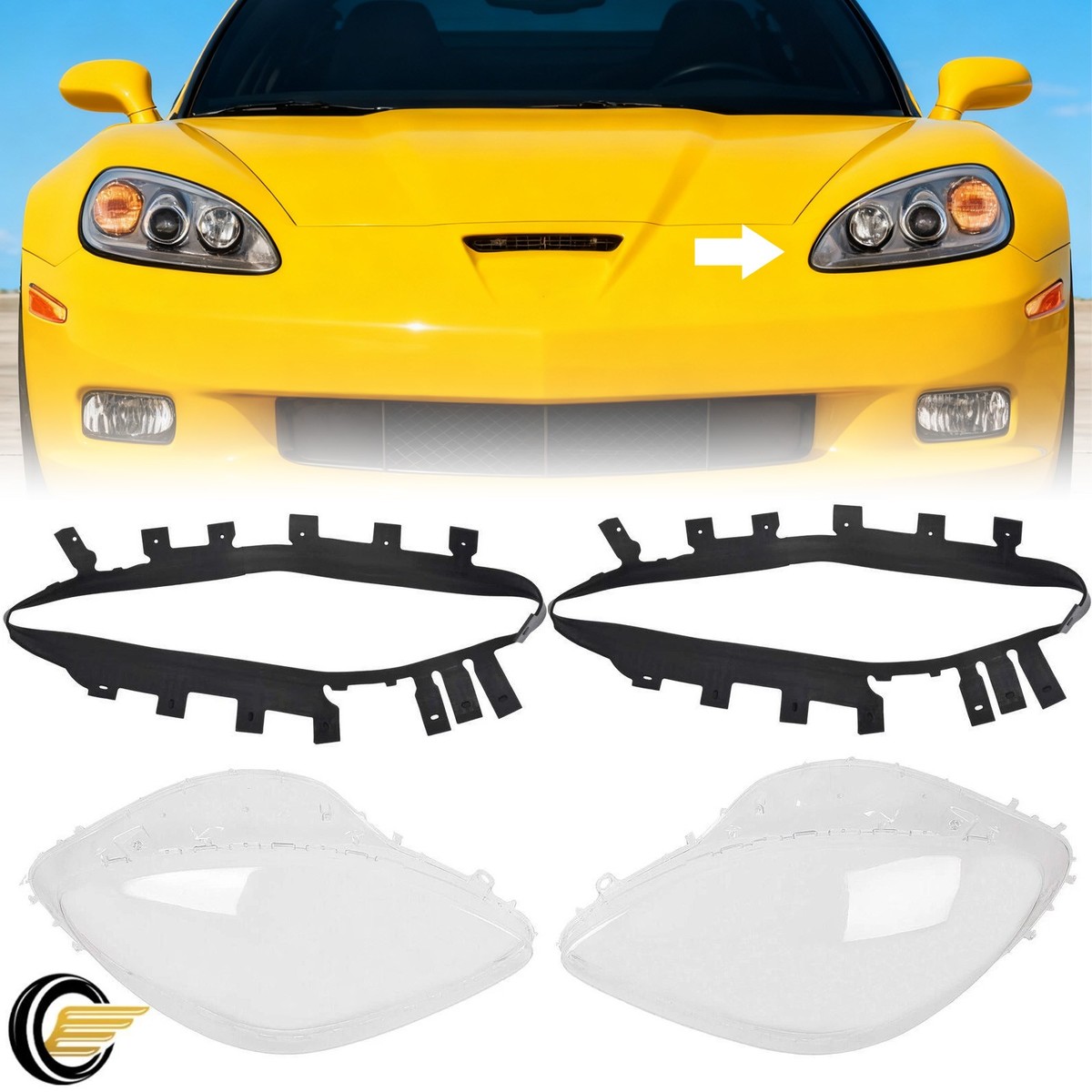 コルベットC6用 ヘッドライトレンズ For Corvette C6 2005-2013 Clear Headlight Lens Cover Replacement