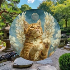 2D Flat, Whimsical Cat Angel Metal Wall Art - 8 Aluminum Decor with Angel Wings
