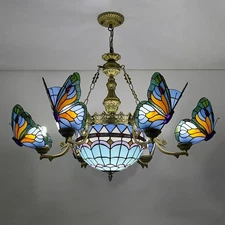 Stained Glass Chandelier, Tiffany Style Hanging Light, Vintage Blue Butterfly Pe
