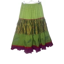 Upcycled Silk Festival Artsy Fairycore Skirt Sz Medium Green Pink Fringe Namba