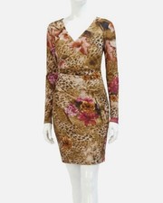 Siena Women's Beige Long-Sleeve V-Neck Printed-Mesh Bodycon Dress Size 8