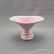 Vintage Pedestal Candy Dish Compote Bowl Pink Ceramic Gold Trim Home Decoration