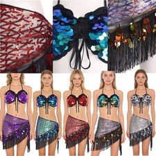 Women Sequin Belly Dance Costumes Lace-up Bra Crop Top Tassel Triangle Hip Scarf