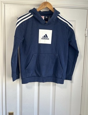 Adidas Junior marineblau 3-Streifen Box Logo Hoodie-Alter 11-12 Jahre sehr guter Zustand