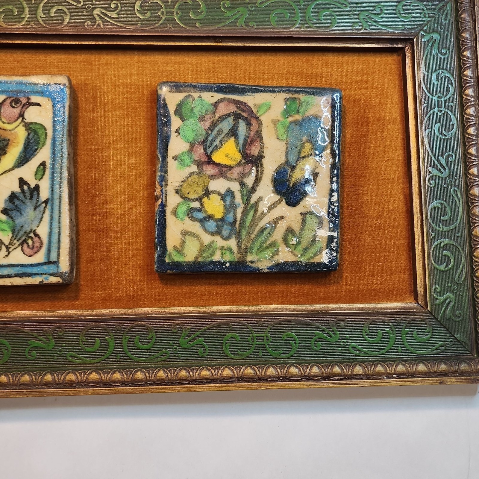 Hand-Painted VTG Persian Style Tile Wall Art Ornate Wooden Frame Floral MCM