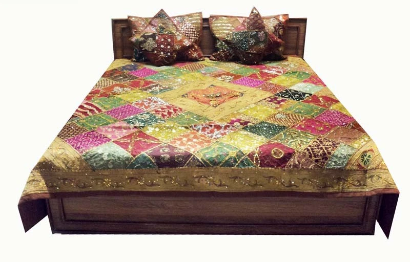 5 PC HAND EMBROIDERED DÉCOR BEADED SARI THROW COVERLET BEDSPREAD QUILT BLANKET - Image 2 of 4
