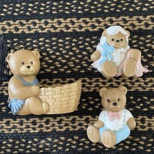 Trio of BURWOOD Boy and Girl Teddy Bear Wall Pocket/Plaques Nursery Decor 1989