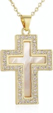 Natural Shell Cross Pendant Necklace 14K Gold Plated Cubic Zirconia for Women