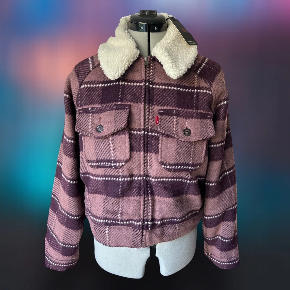 WOMENS LEVIS FLANNEL 90's TRUCKERS CROP JACKET IN PINK SIZE UK LARGE NEW & TAGGE - Image 3 of 4