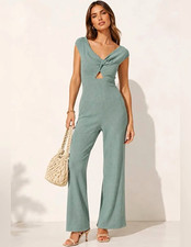 ASTR the Label Sage Green Cutout Wide Leg Jumpsuit Crinkle Knit Women’s Medium