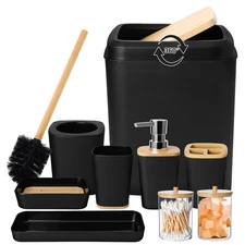 Bathroom Set Black Bathroom Trash Can, 9 Piece Bathroom Decor Toothbrush Hold...