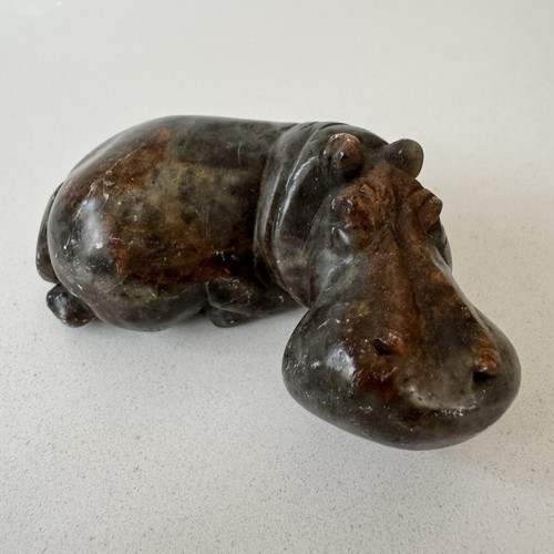 Vintage Carved Stone Hippo Ornament Hippopotamus Figurine Green Brown Stone