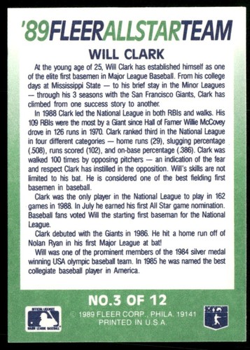 1989 Fleer Baseball All-Stars Complete Insert Set (12) Canseco/Clark - Bild 7 von 24