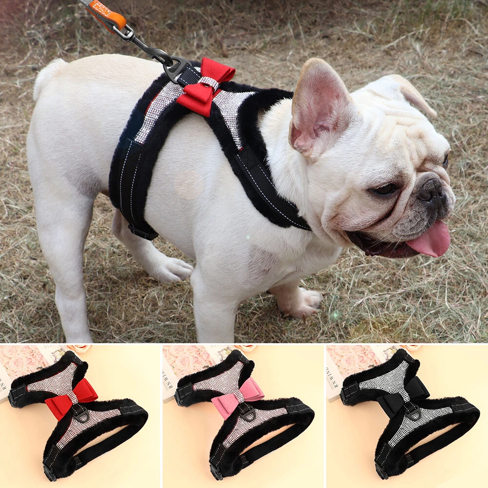 Bling Rhinestone Dog Harness Soft Plush Reflective Vest Adjustable Bulldog S M L