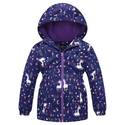 Girls Kids Fleece Lined Windproof Unicorn Zip Up Coat Hooded Jacket Outwear Tops
