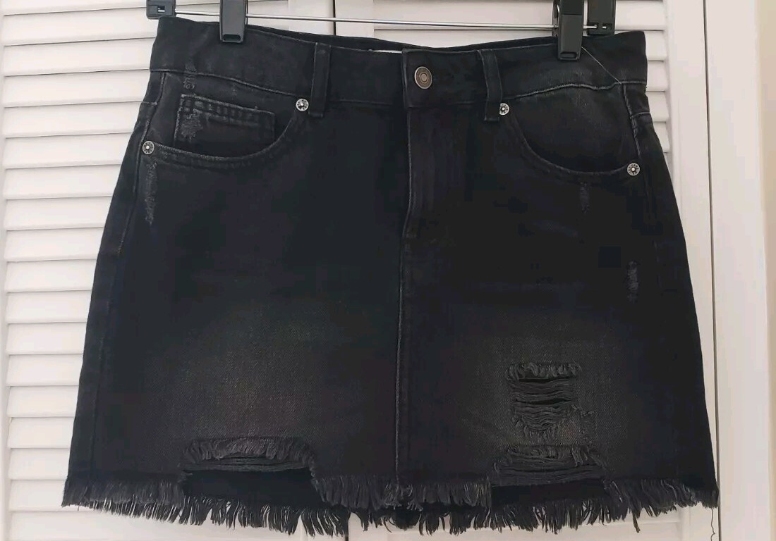 FILA NUOVA MINIGONNA WE THE FREE BY FREE PEOPLE NERA INVECCHIATA DENIM ORLO A RIGHE TAGLIA 6