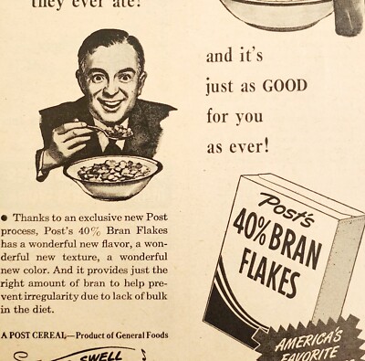 1947 Post Bran Flakes Cereal Advertisement Antique Breakfast Food DWNN20