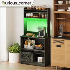 65 in Kitchen Pantry Bakers Rack with Power Outlets LED Coffe Microwave Stand