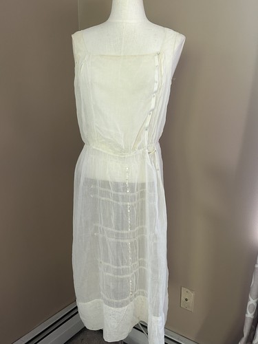 Antique Early 1900s Cream Cotton Gauze Muslin Lace Dress Slip