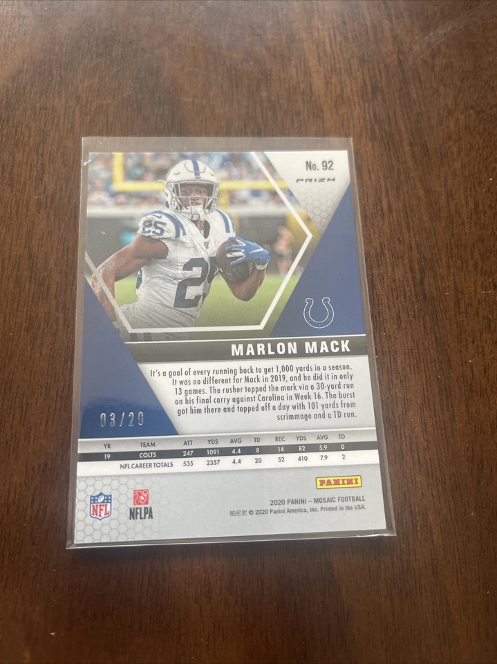 2020 Panini Mosaic No Huddle Pink Prizm 3/20 Marlon Mack #92 - Image 2 of 2