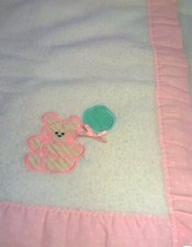 Cuddle Time Vintage Baby Blanket Bear Applique White w/Pink /white dots Binding
