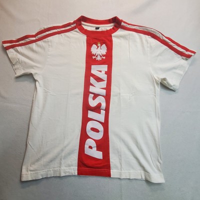Polska Poland Soccer T-Shirt Red White Stripes Mens Size Large Football Spellout