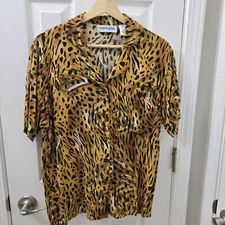 VTG Emporio Gitano Button Up Shirt Women Medium Leopard Retro 80s Tan Black Camp