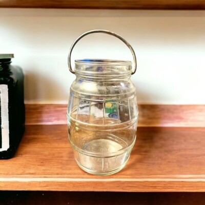 Glass Barrel Jar w Wire Handle, Pickle Jar, Candy Jar, Farmhouse Decor No Lid