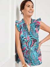 Talbots Blue Botanical Print Ruffle Trim Pop Over Blouse Size M Coastal Grandma