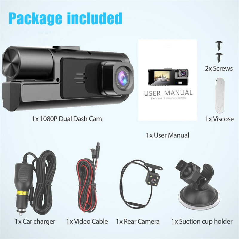 HD 1080P Dash Cam with Front Rear Inside Dual Lens G-Sensor Recorder-image