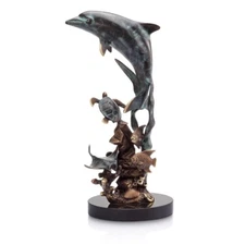 Lively Aquatic Scene Of Dolphin & Friends Brass Sculpture
