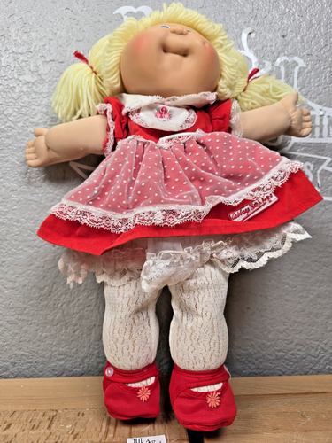 Coleco 1985 Cabbage Patch Kid HM3 Double Pony Lemon Hair Girl Blue Eye Red Dress - Picture 3 of 11