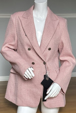 MINA SELF Pink Tweed Blazer Jacket Size L Double Breasted Textured Coat New