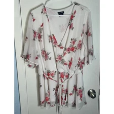 City Chic Blouse Size 22 White Floral Rose Chiffon Cottage Core Country Club 