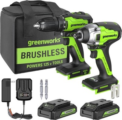 Greenworks 24V Brushless Drill/Impact Driver Combo Kit 2x Batteries w/ Tool Bag
