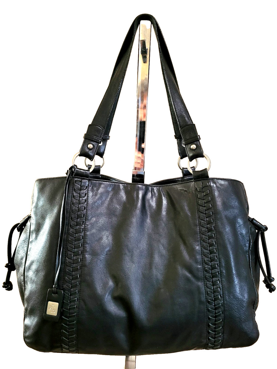 Rare Ltd Edition Ralph Lauren Black Soft Leather XL Braid Trm Tote Bag Tie Sides