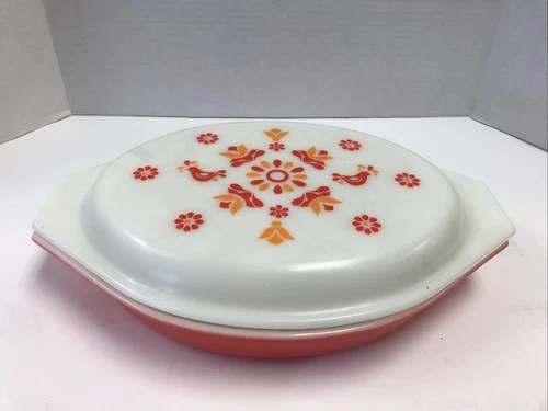 Vintage Pyrex Orange Red Friendship Divided Glass Casserole Dish  Lid  1 Quart