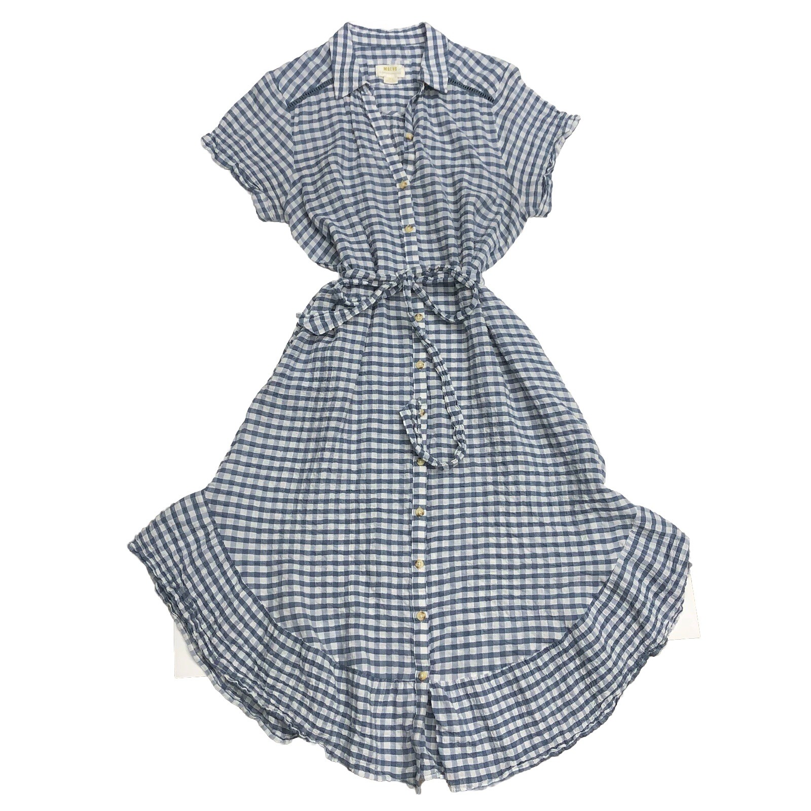 Anthropologie Maeve M blue white checkered plaid gingham button shirt midi dress