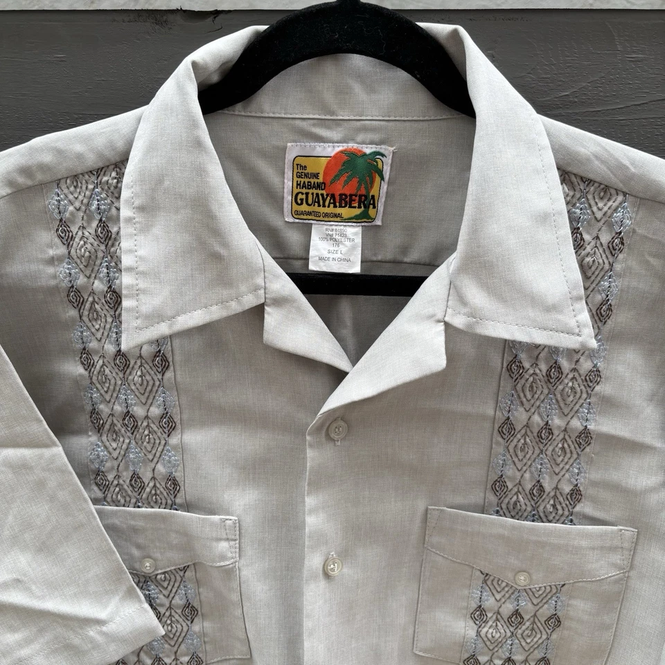Haband Guayabera Shirt Mens L Beige Embroidered Camp 4 Pocket Tropical Casual - Image 1 of 4
