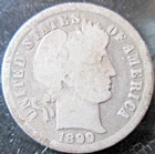 1899-P BARBER DIME, 90% SILVER, GOOD CONDITION, NO LIBERTY, CIRCULATED