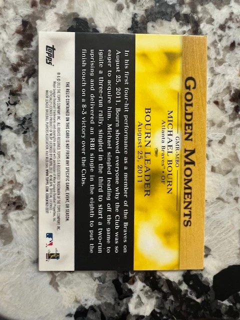 2012 TOPPS SERIES RELIC CARD GOLDEN MOMENTS ATLANTA BRAVES MICHAEL BOURN GMR-MBO - Image 2 of 2