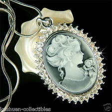 ~Black CAMEO~ made with Swarovski Crystal Classy Victorian Style Charm Necklace