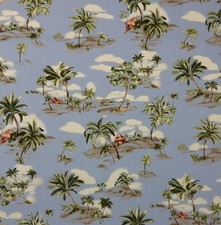 AMETEX TROPICAL ISLAND SKY BLUE D4006 PALM TREE TIKI HUT FABRIC BY YARD 54"W