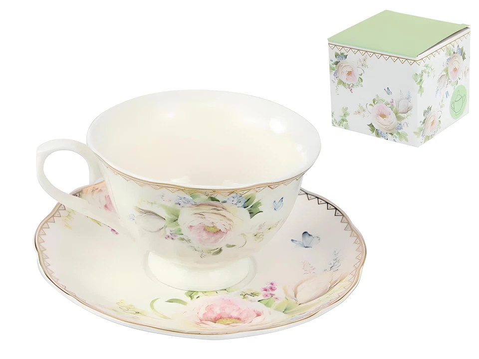 Hermosa taza y platillo floral de porcelana de hueso, jarra de leche y azucarera Foto 2 de 4