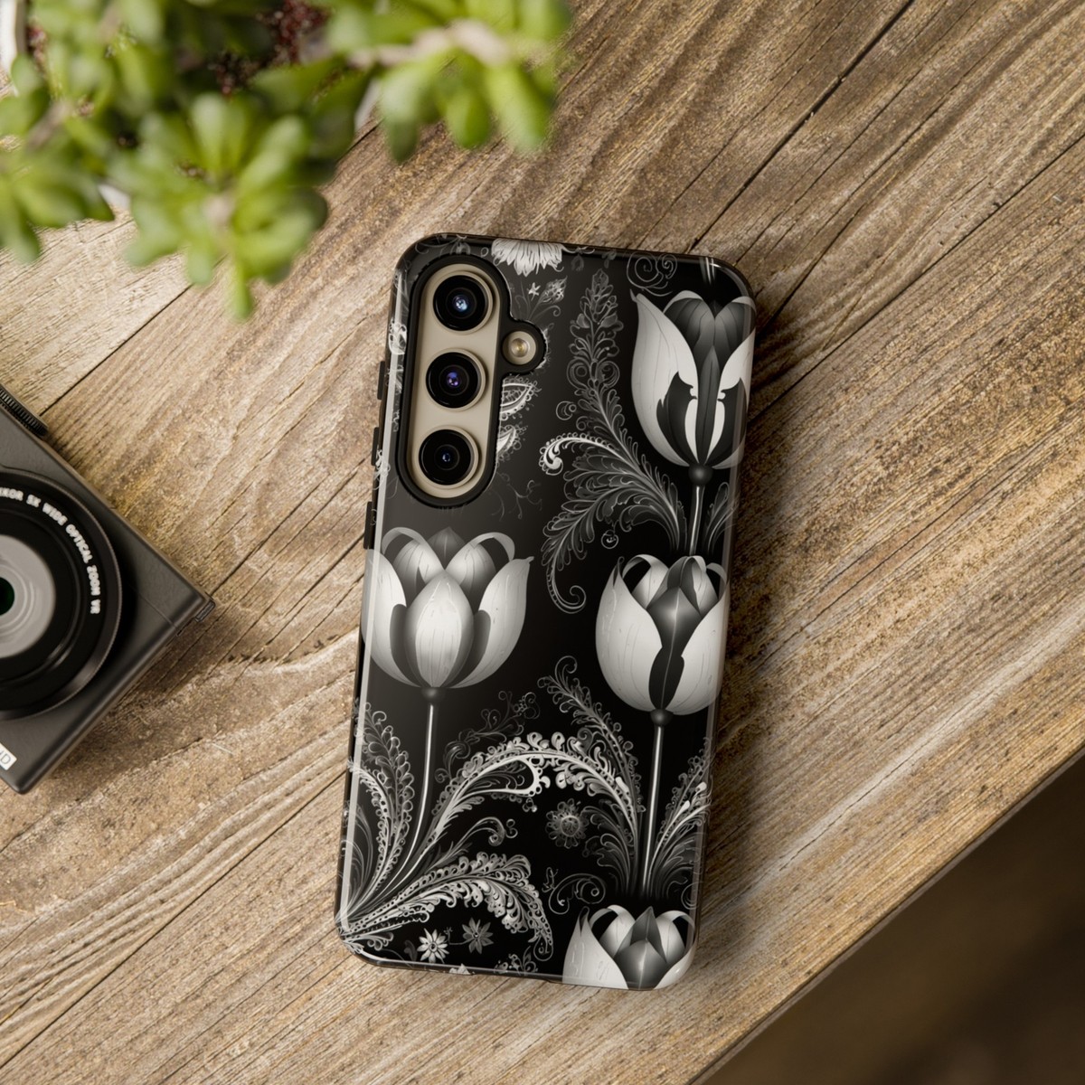 Monochrome Majesty: Floral Noir Phone Case