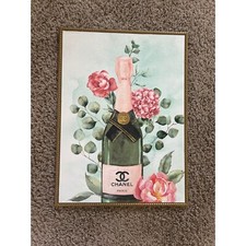 Chanel Champagne Bottle Floral Wall Art Decor Gold Frame 16.5" x 12.5"
