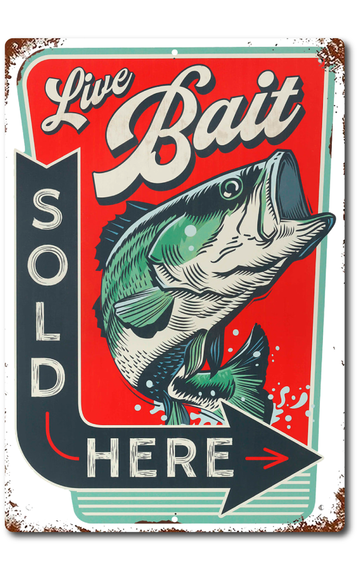 Live Bait Sold Here Vintage Rustic Looking fishing Camping Country Tin Sign