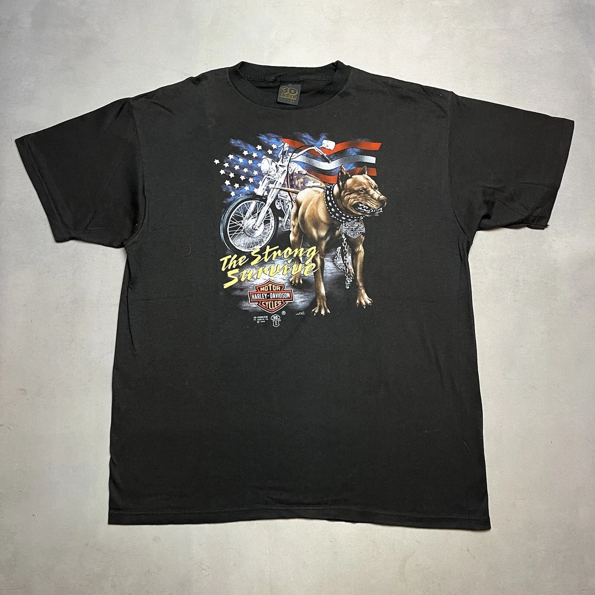 Vintage 80s 3D Emblem Harley Davidson Strong Survive USA flag T Shirt XL