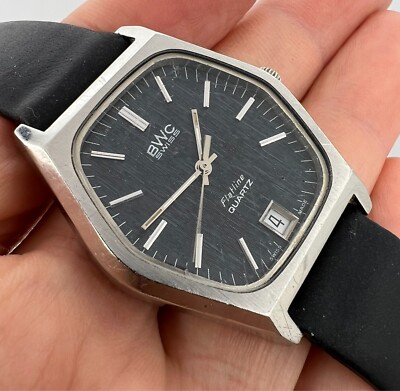 VINTAGE BWC FLATLINE MENS BLUE DIAL TV STYLE SWISS MADE  QUARTZ WATCH